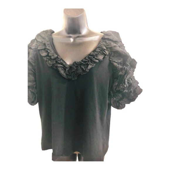 Andrew Marc NY black v-neck‎ ruffle puffy neckline exaggerated sleeve top shirt - Picture 9 of 16